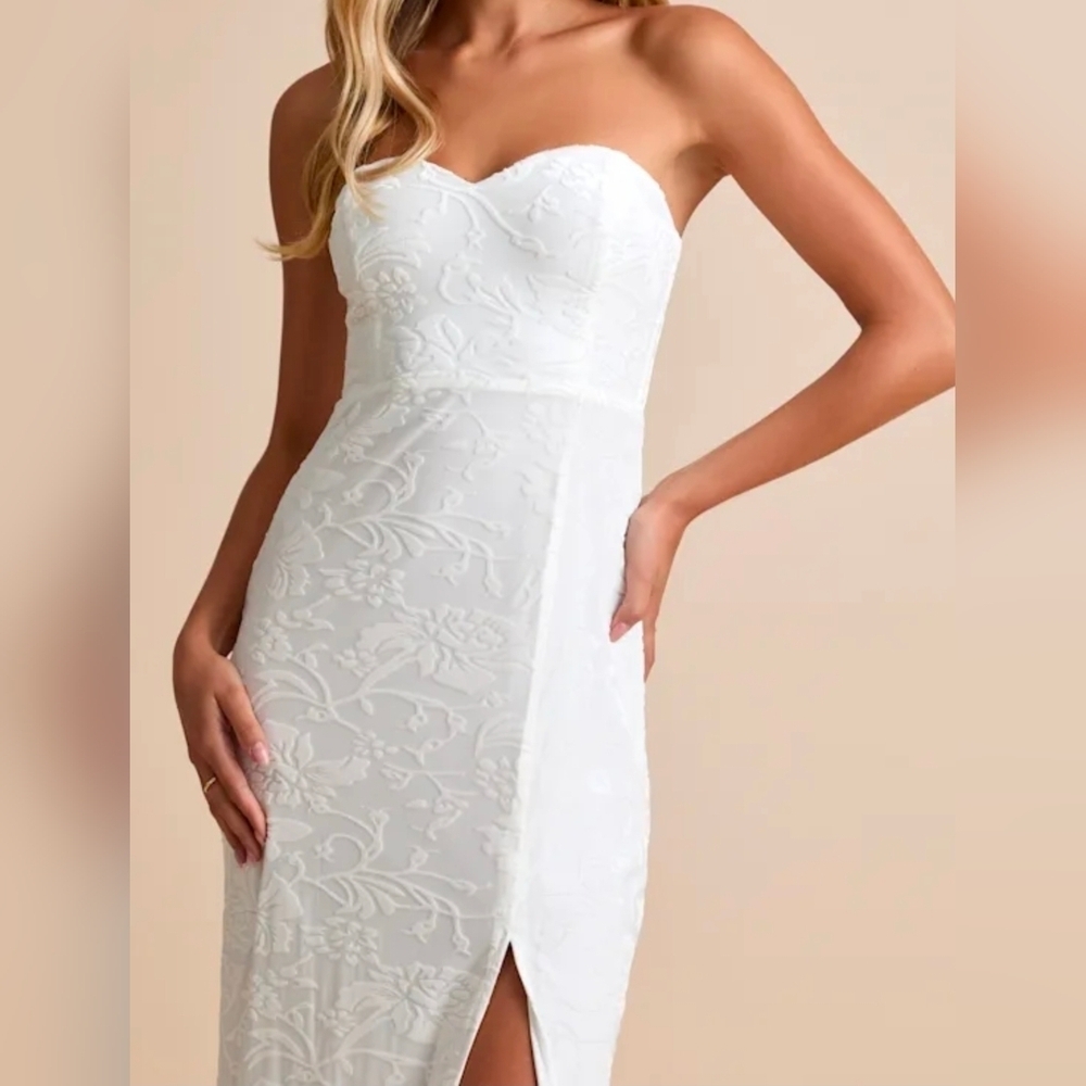 Lulus Exquisite White Velvet Burnout Strapless Maxi Dress, Size Large